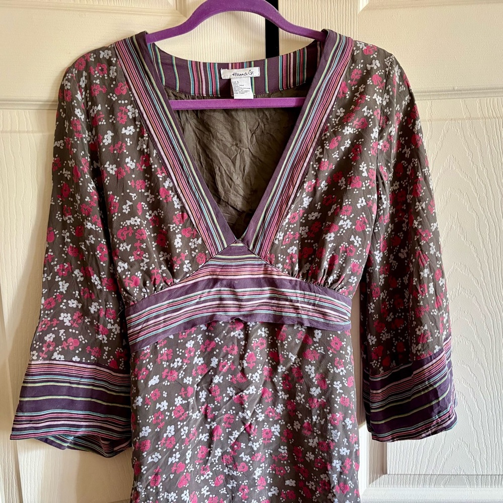 Real silk Kimono-inspired dress, floral with striped accents
